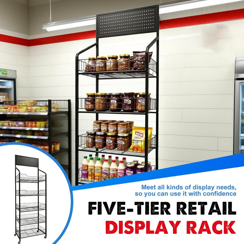 Nerxerx 5 Tier Retail Candy Display Rack Metal Storage Shelf with Wheels & 15 Hooks Concession Candy Snack Display Racks Sturdy and Stable Chip Shelf Rack for Stores, Kitchen, Office (5 Tier Black 50cm) - Image 2